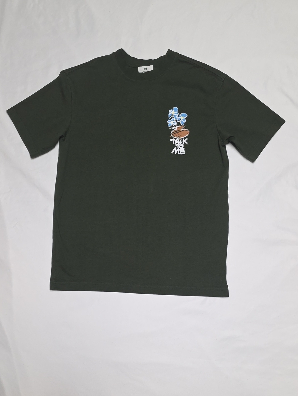H&M Men's Graphic Tee - Dark Green "Talk to Me" Design